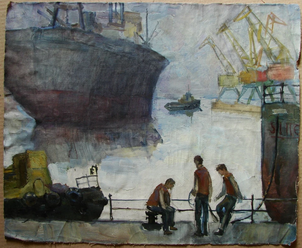 Pintura a óleo soviética ucraniana impressionismo industrial paisagem marítima navios trabalhadores - Imagem 1 de 4