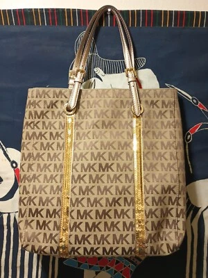 全新带标签 Michael Kors亮片金色棕褐色标志签名单肩包大号购物手提包 — 第 1/4 张图片