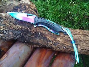 Collectible Knife, Rainbow Knife, Leather Cord, Can Opener Knife, Titanium 705