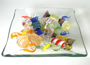Colourful Murano Glass Sweets In Wrappers in Pressed Art Glass Aquamarine Tray - Picture 1 of 13