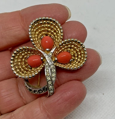 Signed Marcel Boucher Coral Glass Rhinestone Pin Numbered 7496 - Image 1 of 4