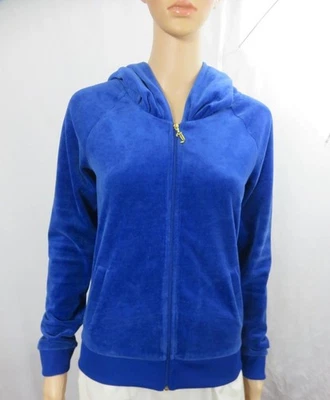 Sudadera con Capucha Juicy Couture Terciopelo Azul Logo Plateado Cristales Cremallera Bolsillos Frontales Talla S Foto 1 de 4