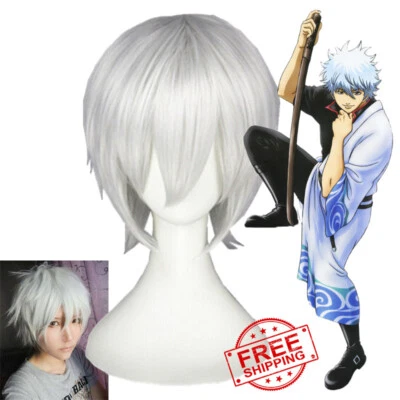 Gintama Sakata Gintoki Costume Cosplay Hair Short Silver White Straight Wigs - Image 1 of 4