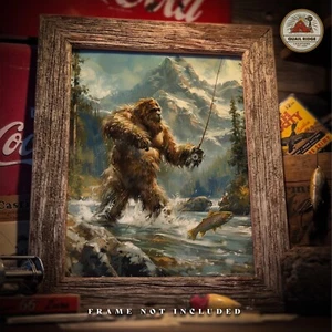 Vintage Sasquatch Bigfoot Art Print Fly Fishing Artwork Fishing Cabin Wall Decor - Picture 1 of 9