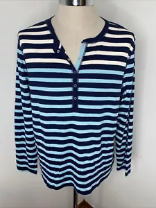 Chaps Striped Shirt Women's 3X Henley Top V Neck 3/4 Slv Snap Front Blue White - Picture 1 of 6