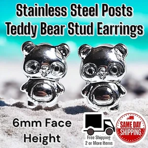 Stainless Steel 316L Posts Teddy Bear Stud Silver Plated Earrings - Picture 1 of 3