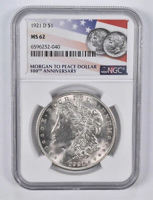 MS62 1921-D Morgan Silver Dollar NGC - Flag Lbl - Image 1 of 4