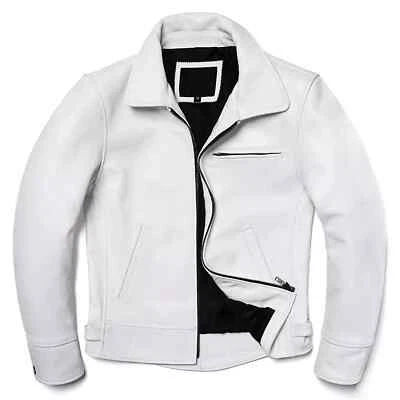 White Leather Genuine Lambskin New Aviator For Men's Slim Fit Motorcycle Jacket Foto 1 de 4