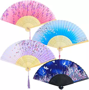 Aneco 4 Pieces Folding Fans Bamboo Handheld Fans Silk Fabric Fans Hand Holding F - Picture 1 of 7