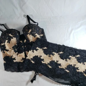 Victoria's Secret Seduction Bustier Garter Thong Skirt 34B Large Black Gold - Picture 1 of 7