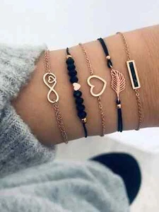 5pcs/set Heart Decor Black Beaded Bracelet Fashion Jewelry Accessories for Women - Picture 1 of 3