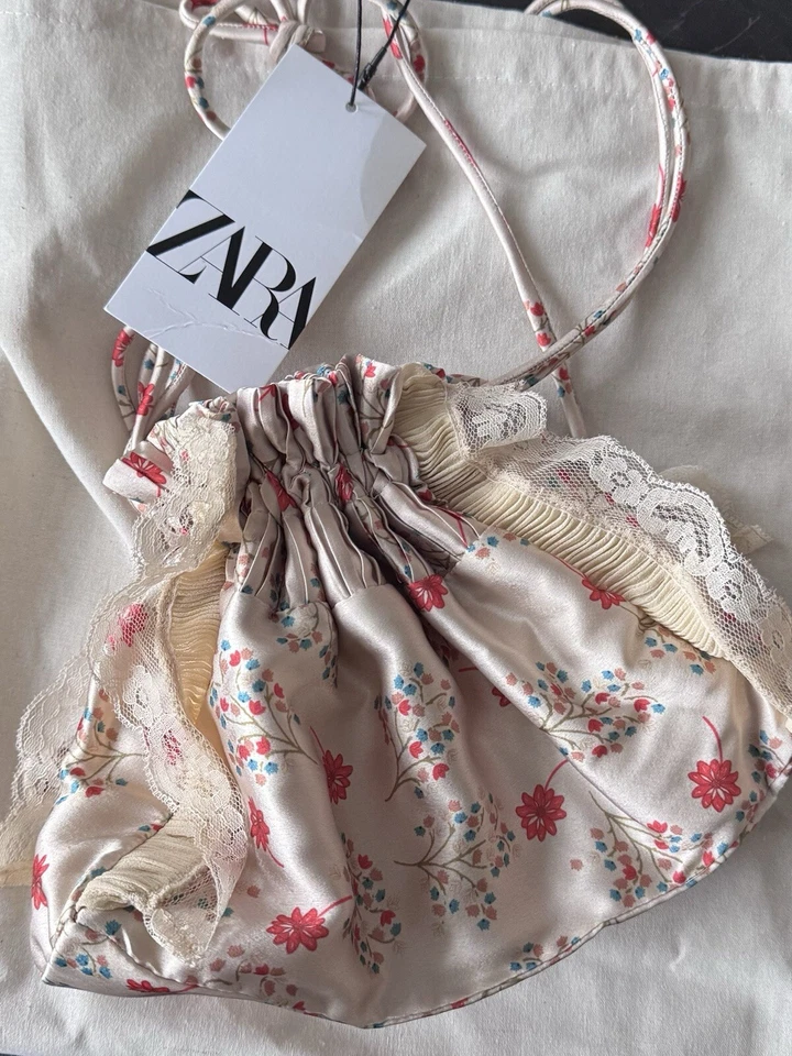 Zara Floral Satin Effect with Lace Mini Bucket Bag Bloggers Fave Wedding Holiday - Image 1 of 4