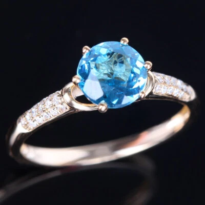 6.5mm Round Natural Blue Topaz Diamonds 10k Yellow Gold Engagement Gemstone Ring - Image 1 of 4