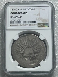 1874 Oa AE Mexico Oaxaca Cap & Rays 8 Reales NGC Good Details Free Shipping - Picture 1 of 2