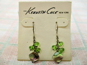 KENNETH COLE NY 925 STER S MOP GREEN GLASS DROP DANGLE EARRINGS DESIGNER JEWELRY - Picture 1 of 6