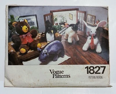 Vogue Pattern 1827 Stuffed Animals Hippo Bear Bunny Penguin Lamb 9" to 12" UNCUT - Image 1 of 3