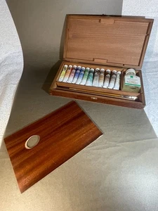 Vintage Winsor und Newton 12 Ölfarben, Pinsel, Verdünner in Holzbox (1037) - Bild 1 von 2