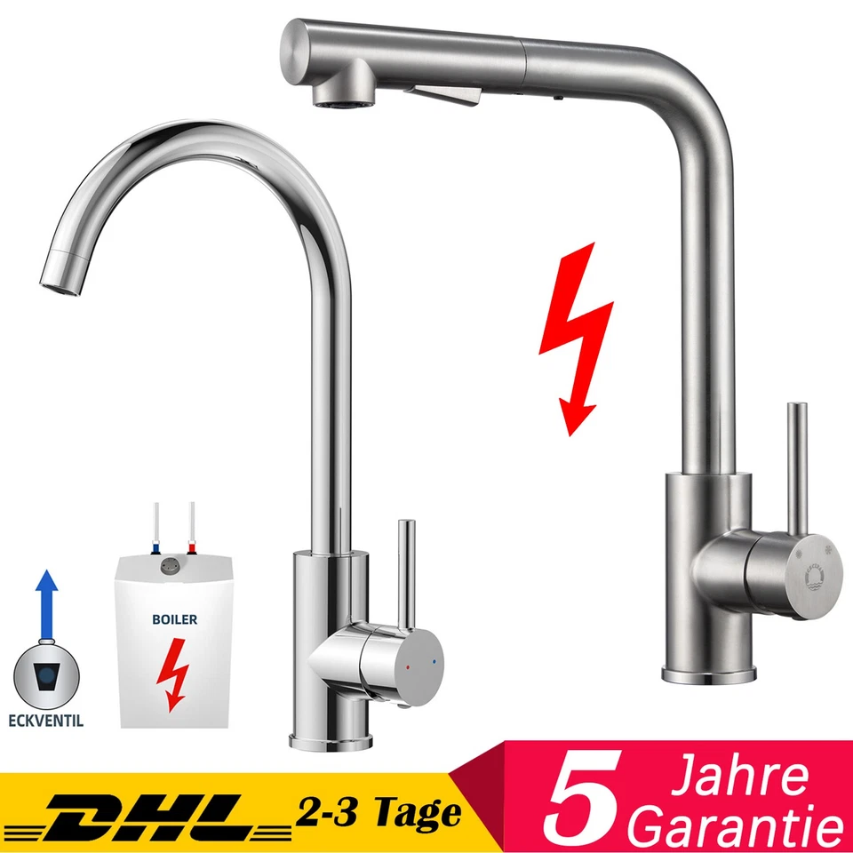 Niederdruck Küchenarmatur mit Ausziehbar Brause Wasserhahn Küche Einhandmischer - Bild 1 von 1