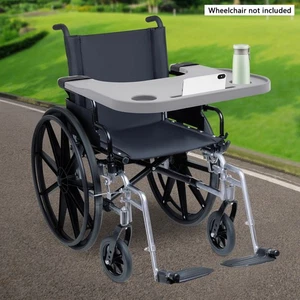 Vassoio per Sedia a Rotelle in ABS Tavolo per Sedia a Rotelle con Portabicchieri Capacità 80kg, Grigio - Foto 1 di 10