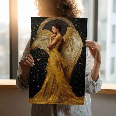Impresión en lienzo de ángel dorado, arte giclée alas celestiales, póster de diosa etérea Foto 1 de 4