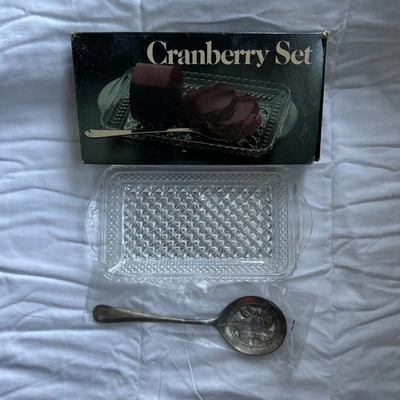 Leonard Crystal Cranberry Set Glass Tray and Silver Plated Serving Spoon In Box - Image 1 of 4