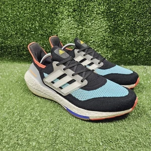 Adidas Ultraboost 21 Black Pulse Aqua Athletic Running Sneakers Mens Size 10 - Picture 1 of 9