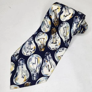 Vintage 90s Nicole Miller Silk Tie Lightbulb Idea Whimsical Blue - Picture 1 of 7