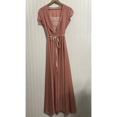 VTG 70s 80s Pink Knit Maxi Dress Lace Bust Deep V ILGWU Union Made USA 9/10 S/M - Image 1 of 4