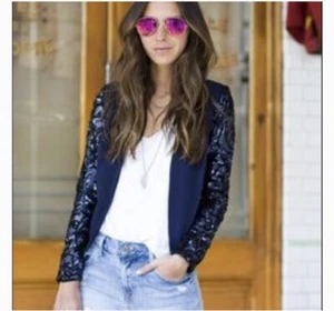 lovers + friends NWT navy open front blazer sequined sleeves Blogger Fave sz XS - Picture 1 of 11