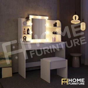Dressing Table Mirror Stool Jewellery Cabinet Makeup Drawer White w/LED Bulbs - Picture 1 of 12