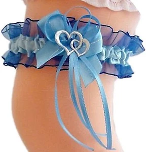 Medias novia azul oscuro azul con lazo y corazón costura plateada boda - Imagen 1 de 4