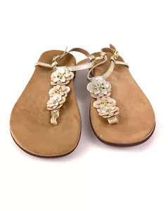 Vionic Metallic Leather Womans Sandal Paulie with Flowers and Gold Detail Sz 8.5 - Picture 1 of 9