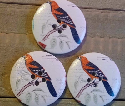 3 Bird Sewing Buttons Crafting Round Wood 4 Hole 1 1/8"  - Image 1 of 2