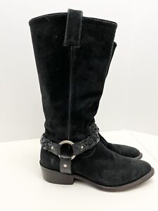 FRYE BILLY BRAIDED Black Suede Harness Strap Leather Western Boots 7 1/2 B 76005