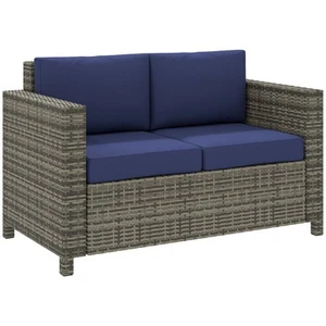 Outsunny Rattan Wicker 2-seat Sofa Loveseat Padded Garden Furniture Blue - Picture 1 of 11