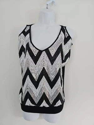 Heart Soul Black & Silver Sequins Cold Shoulder Top Medium Stretch Scoop Neck - Image 1 of 4