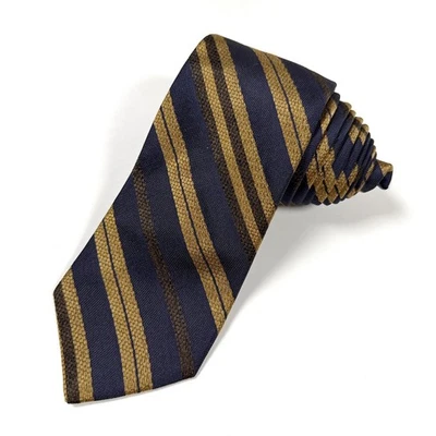Gitman Bros 经典条纹丝绸领带男式海军蓝金色棕色 L:59.5 英寸 W:3 — 第 1/4 张图片