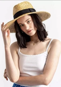 NWT! Brixton Women's Joanna Straw Sun Hat Honey Size Medium- Black tan Beige - Picture 1 of 6