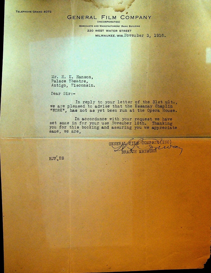 General Film Letterhead November 3 1916 Essanay Charlie Chaplin Work - Image 1 of 1