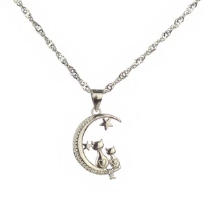 Solid 925 Silver Sparkly 2 Cats Crescent Moon Pendant With 20" Italy Chain, Pave - Picture 1 of 6