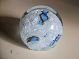 Murano 9 1/2" Circumference White/Blue/Rose Gold Ribbon Art Glass Paper Weight - Picture 1 of 4