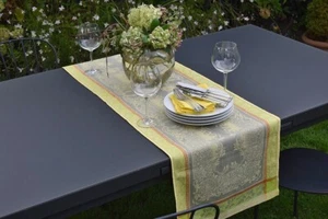 Table Runner Linen Jacquard 50X170 Cm Gray Light Green With Ornaments And Hem - Picture 1 of 7