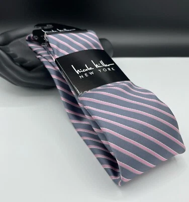 Corbata Nicole Miller New York para hombre 100 % poliéster ~ gris ~ rayas ~ ¡Hecha a mano! Foto 1 de 2