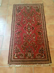 BURGANDY RED, ORANGE, BLUE & IVORY AREA RUG FLORAL DESIGN - 61" X 29 1/2" - Picture 1 of 9
