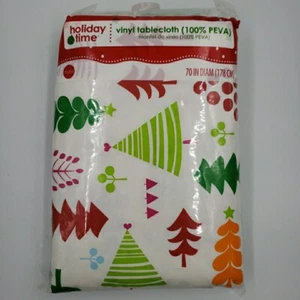 Round Christmas Tablecloth Vinyl Table Cover Festive Whimsical Colorful Trees - Picture 1 of 18