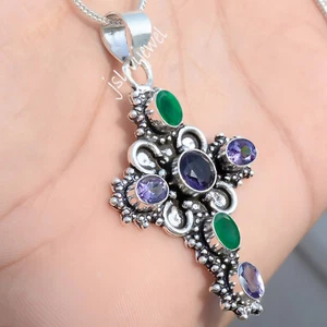 Faceted Amethyst & Green Onyx Gemstone 925 Sterling Silver Cross Artisan Pendant - Picture 1 of 6