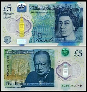 Great Britain 5 Pounds 2015, England, UNC, Polymer, P-394, Que II - Picture 1 of 3