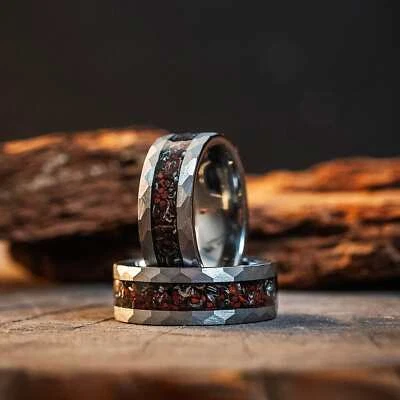 Mens Unique Hammered Tungsten Carbide Ring Dinosaur Bones & Meteorite Band - Image 1 of 4