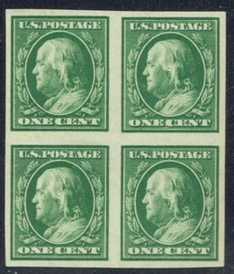 1910 1c FRANKLIN BLOCK of 4 (383) IMPERFORATE . OG NEVER HINGED. A REAL GEM!! - Picture 1 of 1