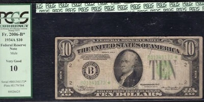 FR. 2006-B* 1934-A $10 *STAR* FEDERAL RESERVE NOTE NEW YORK,NY PCGS VERY GOOD-10 - Image 1 of 2